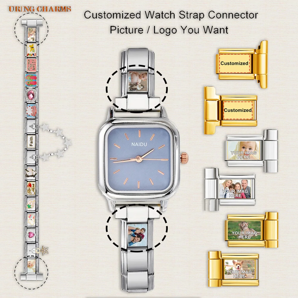 1 pair Picture Logo Customized Watch Strap Connector Fit 9mm Italian Charm DIY Making Jewelry Accessories for Men Women Gifts