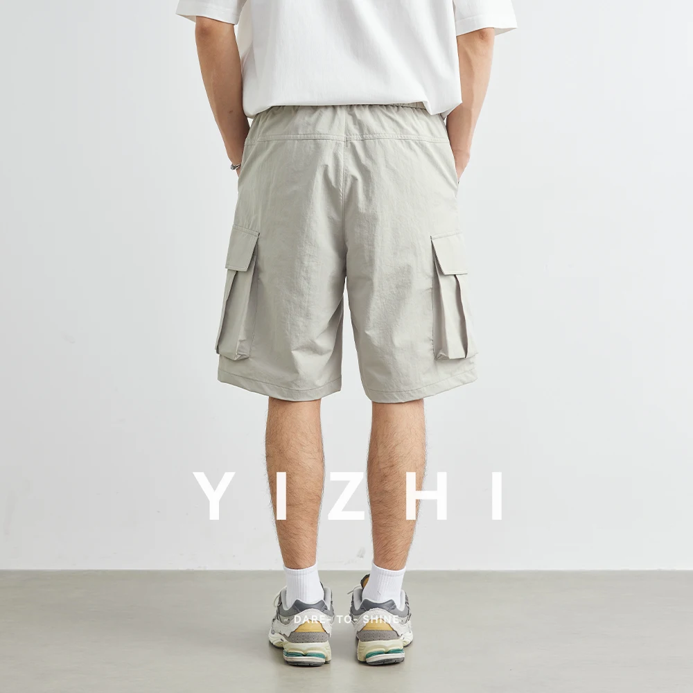 Fashion Men's Large Pocket Wide Leg Work Shorts Summer New Outdoor Sports Straight Style Casual Pants Elastic Waist Design Short