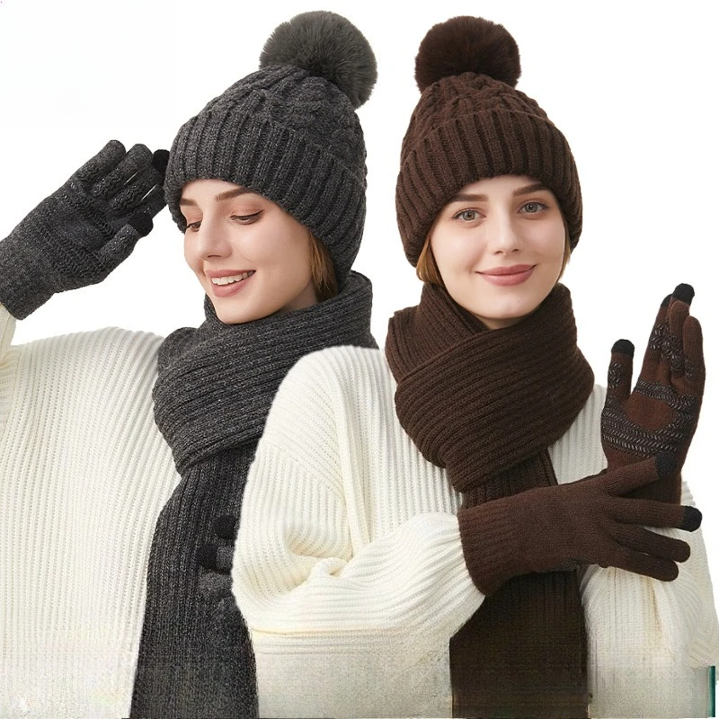 Knitted Hat Scarf Gloves Three-piece Set New Women's Versatile Fashion Winter New Thickened Ear Protectors Warm Hat Scarf Kit