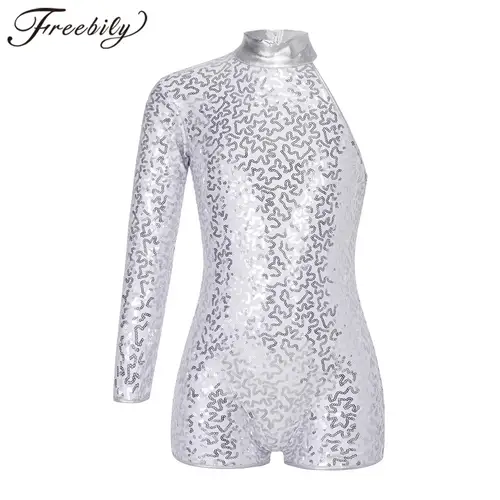 Leotardo de Ballet de manga larga para niñas, mono de gimnasia con lentejuelas brillantes para adolescentes, traje de baile de Jazz moderno, mono de baile