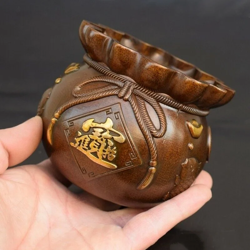 

Chinese Brass Treasure Bowl Statue Wealth Luck Folk Feng Shui Sculpture Decor