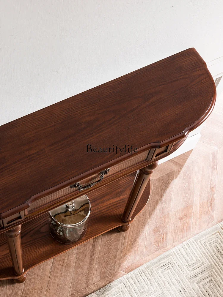 American all-solid wood ultra-thin entrance cabinet light luxury simple semi-round entrance table ultra-narrow side cabinet