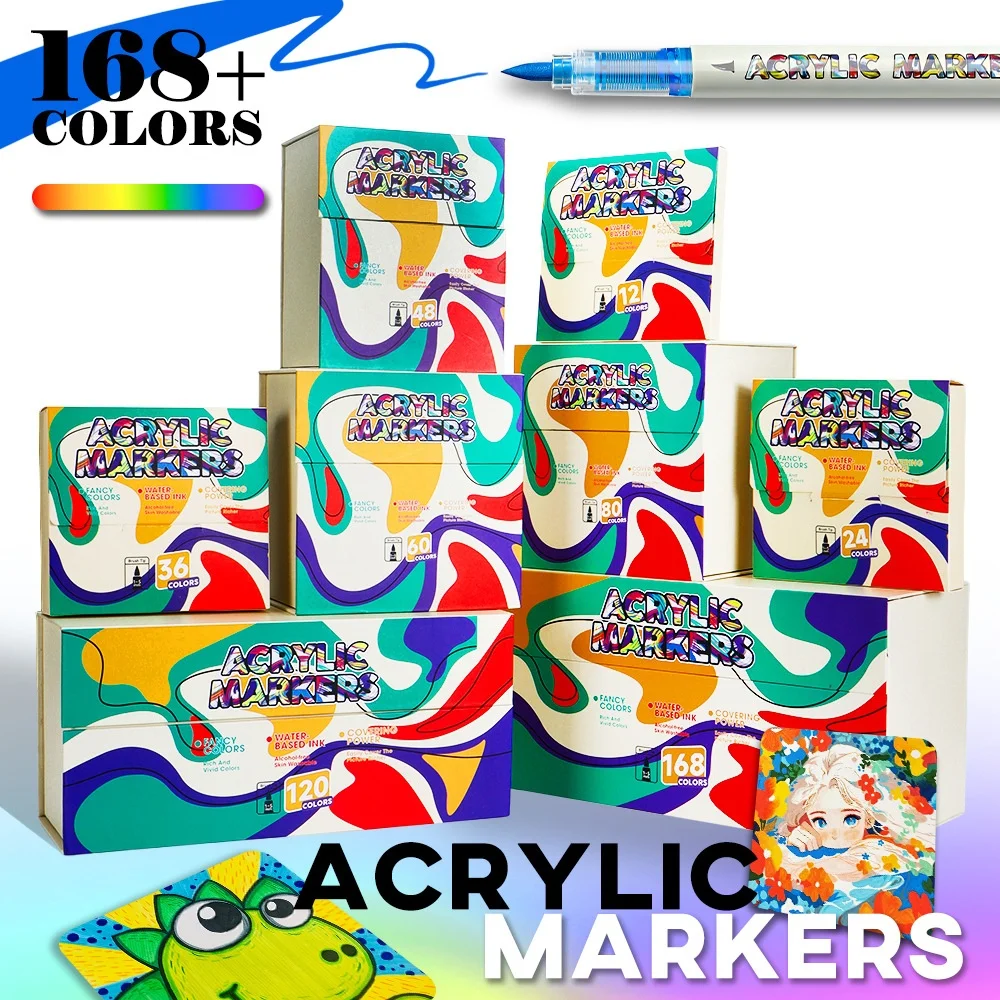 

12/168 Colors Set Acrylic Paint Markers Brush Tip Paint for Rock Painting Festival Gift DIY Art Pens Comes Remove Luggage