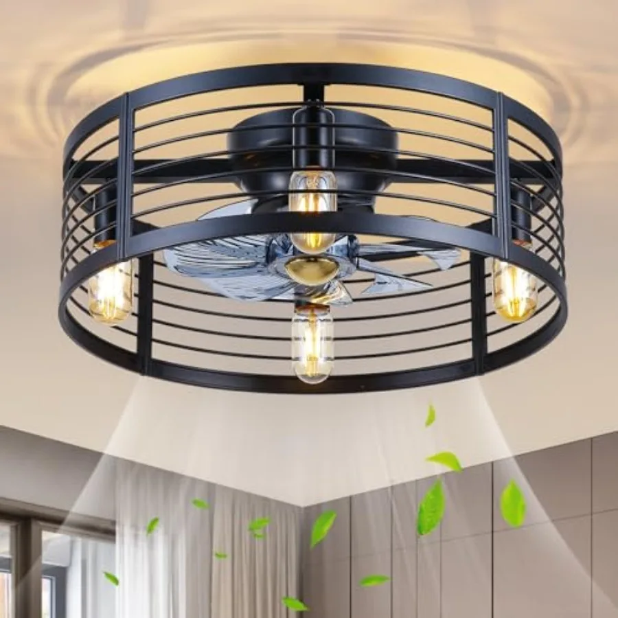 

Caged Ceiling Fan with Light Flush Mount, 20 Inch Low Profile Black Fandelier with Remote, Bladeless Ceiling Fans with Lights f