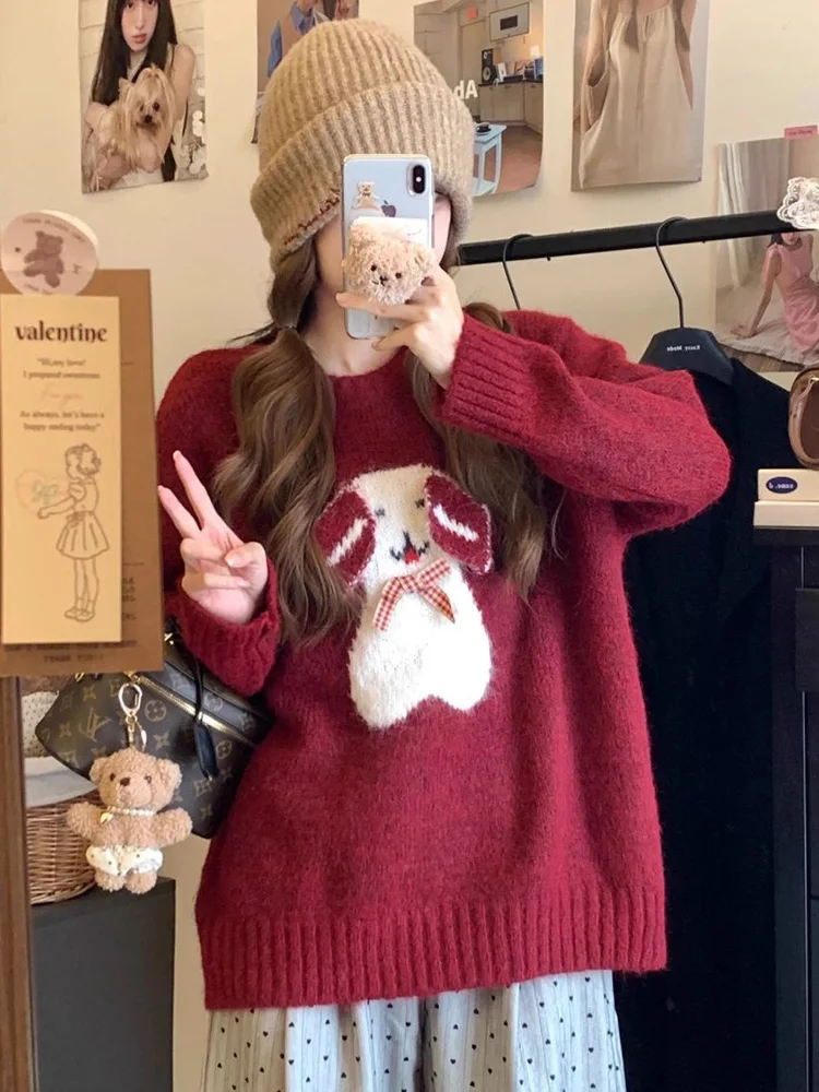 Christmas Red Cute Cartoon Sweater Women Vintage O Neck Sweet Bow Knitted Jumper Casual Lazy Wind Female Long Sleeve Pullover