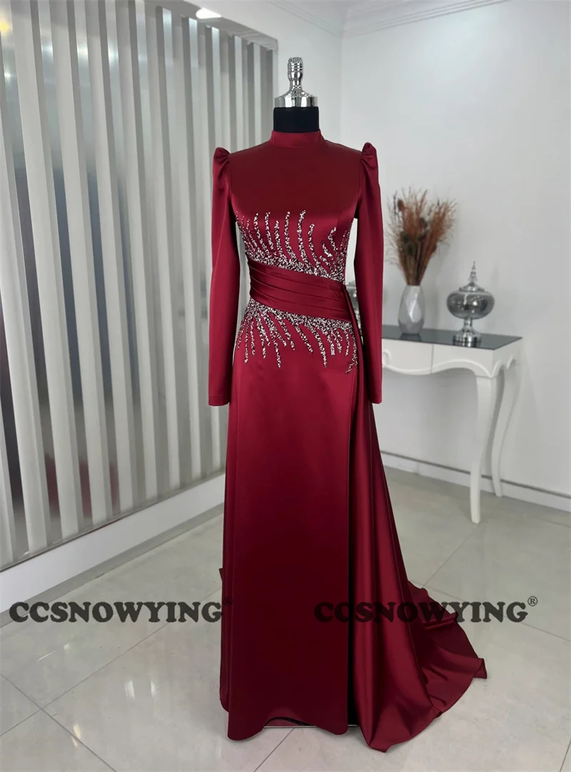 

Burgundy Long Sleeve Muslim Evening Dresses Islamic Satin Beaded Hijab Formal Party Gown Women Arabic Dubai Robe De Soiree