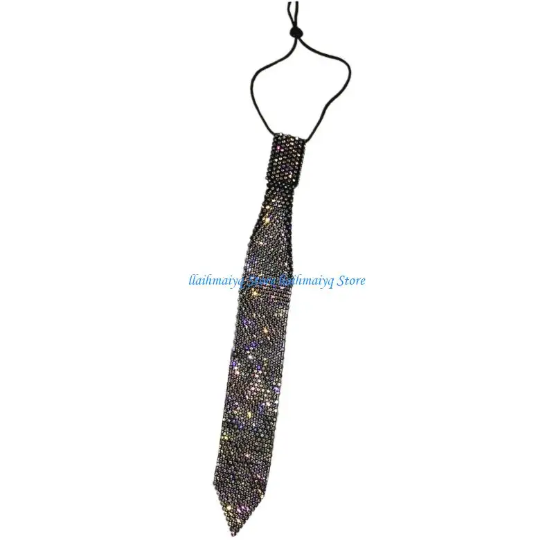 

573B Elegant Tie Necklace with Sparkling Rhinestones for Formal Occasion Uniform Tie Punk Jeweled Necktie Tie