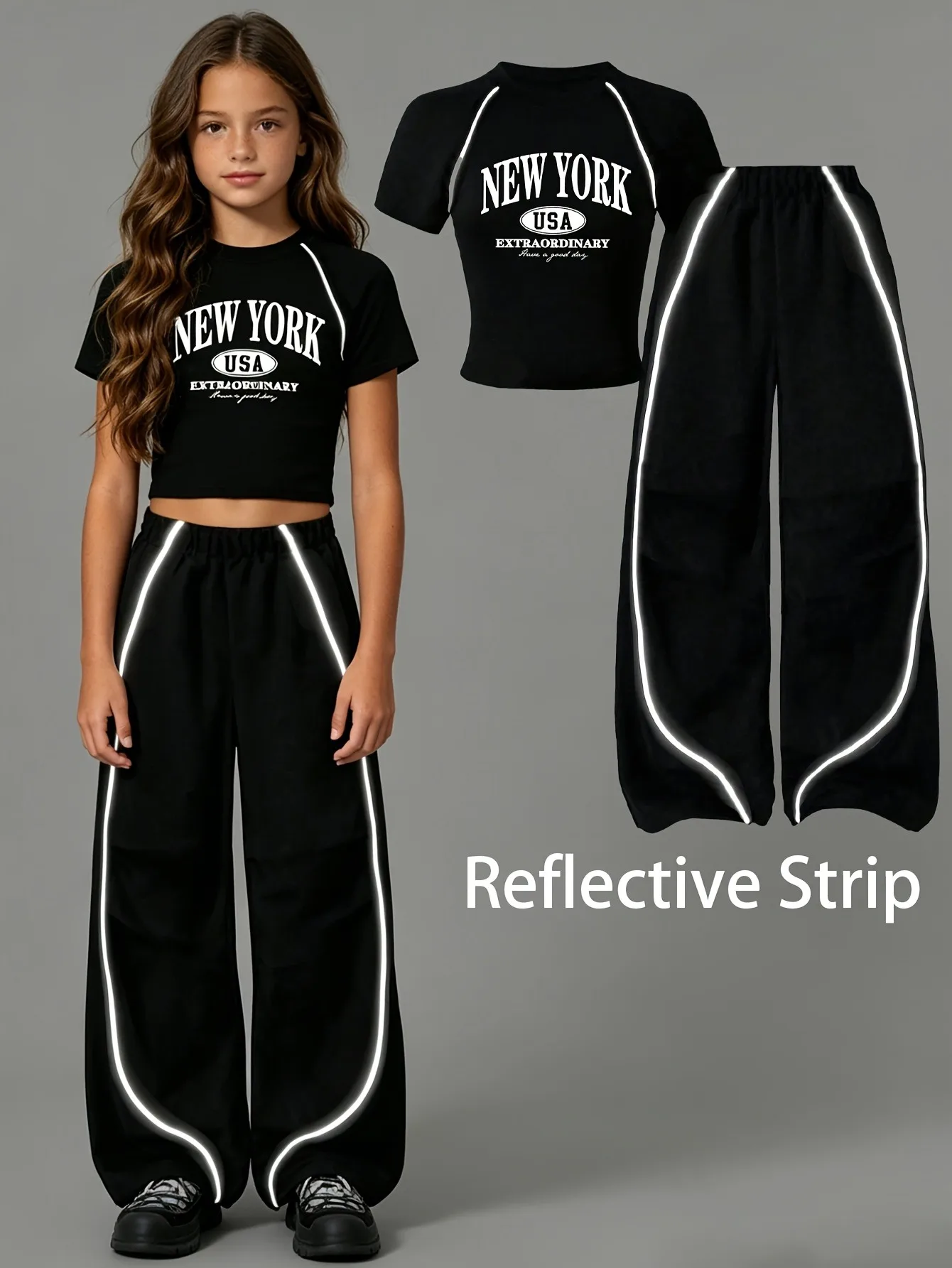 Trendy Girls 2Pcs Y2K Hip Hop Co-Ord Suit, Contrast Shoulder Letter Graphic Cropped Top, Side Curved Reflective Tape Loose Wide