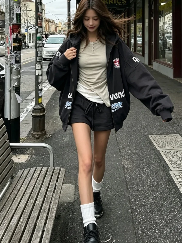 American Style Sleeve Patch Hoodie Jacket Shorts Set Women's Autumn New Design Slimming Two-Piece Suit Casual Loose Fit