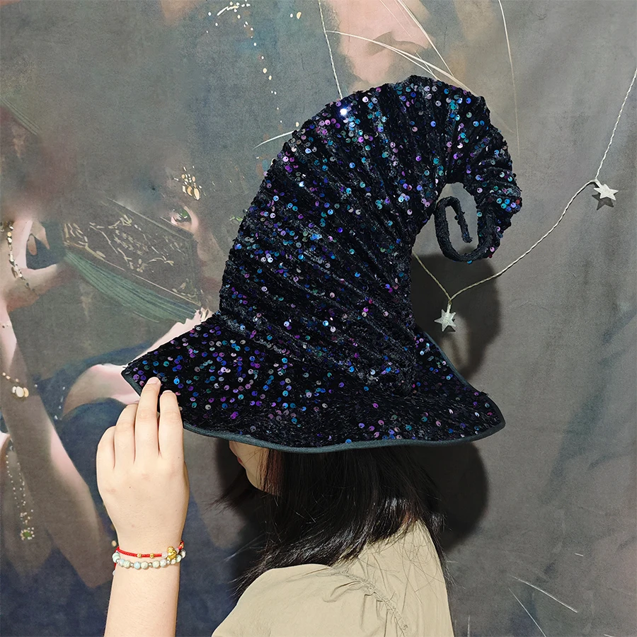 1PC Witch hat Halloween Witch Hat Sequin Hexenbiest Hat Scene Atmosphere Holiday Party Dress Up Hat