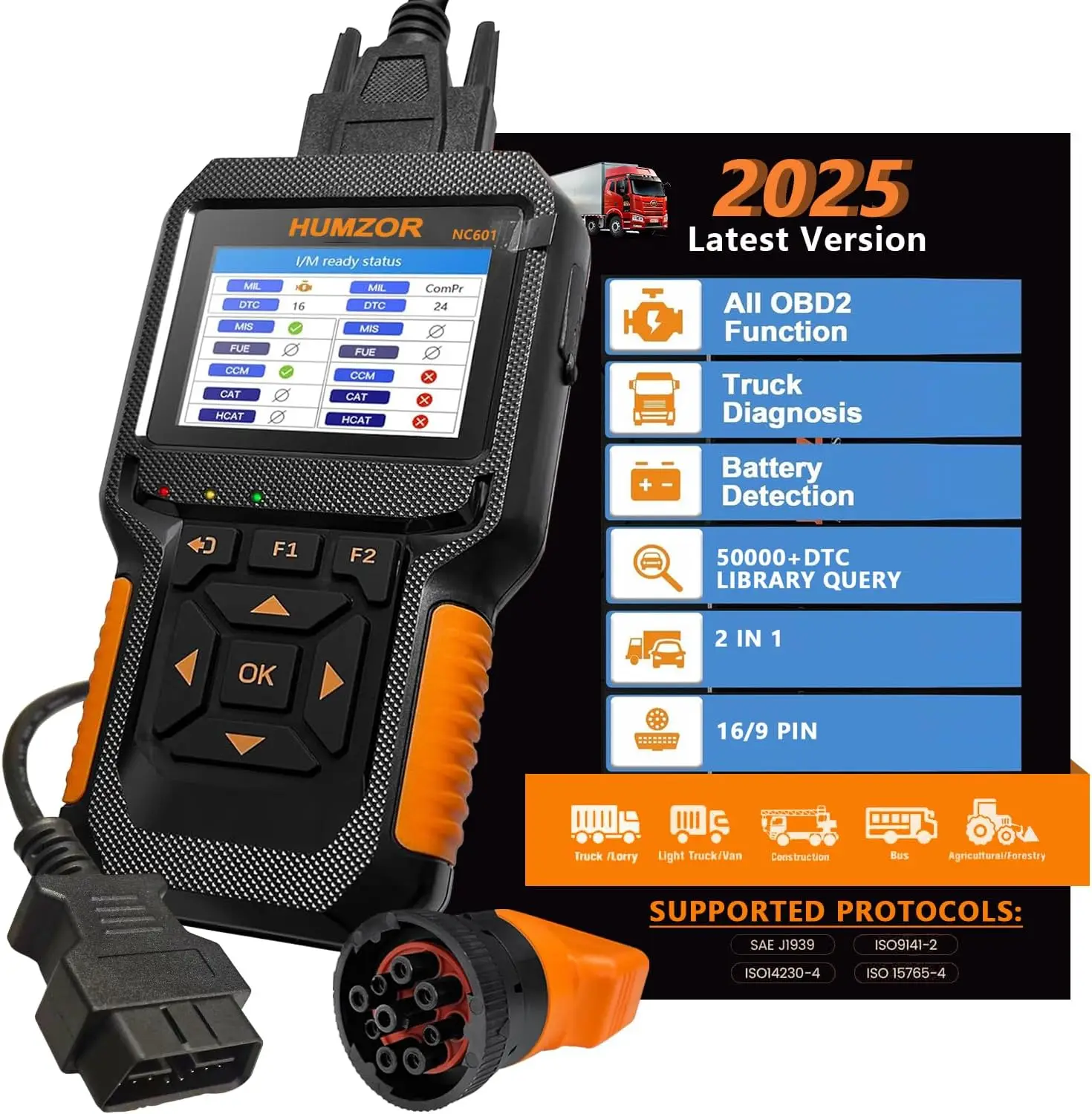 

Сканер для тяжелых грузовиков, считыватель кодов OBD2 2-в-1 для Cummins, Detroit, Freightliner, International, Paccar