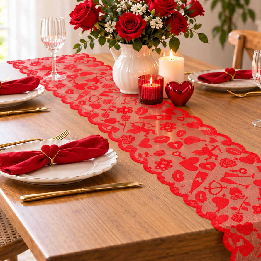 Valentine Red Lace Table Runner with 4 Placemats, Hollow Heart Rose Design, Romantic Table Decor for Wedding Anniversary Dinner