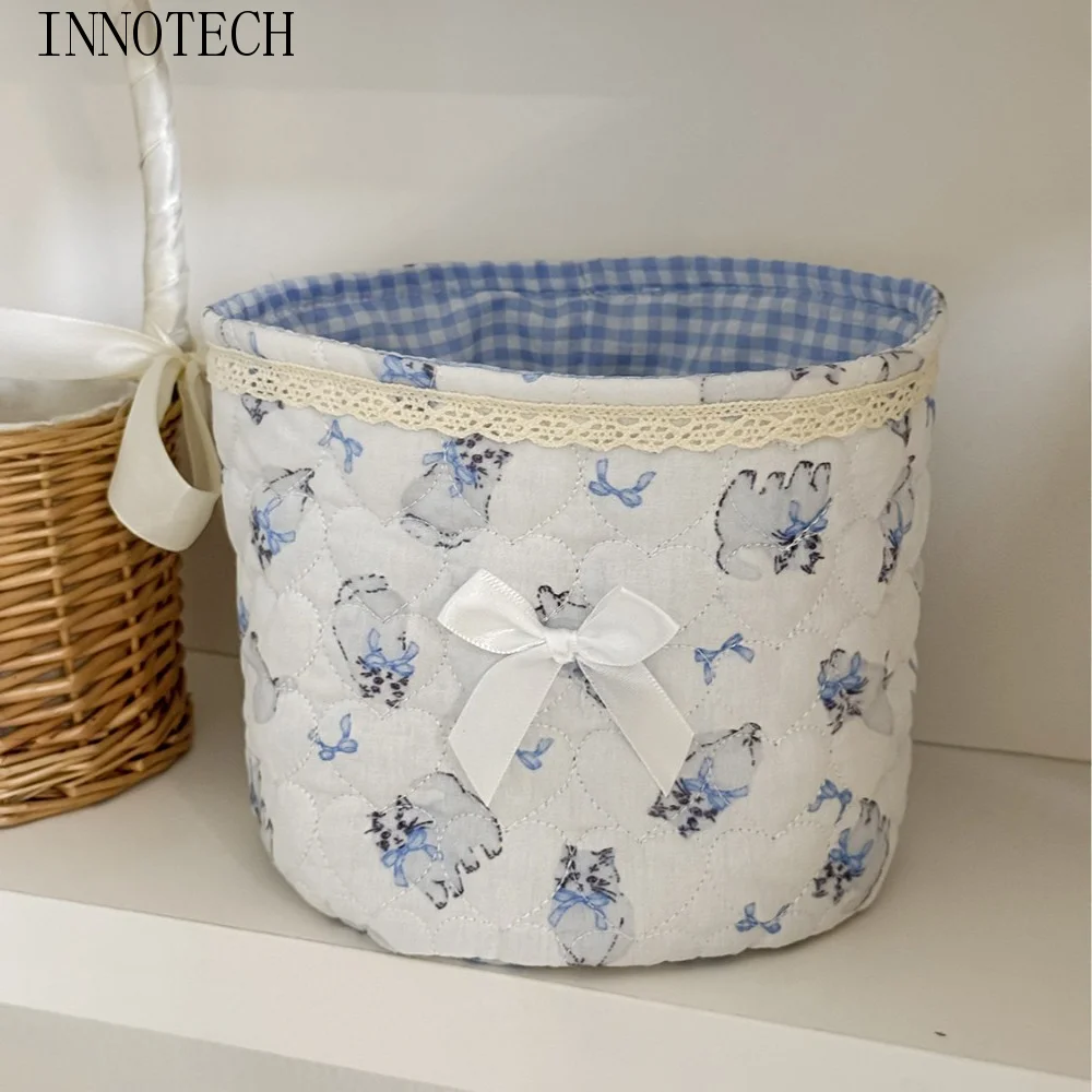 Multi-Purpose Storage Basket Quilting Cotton Bow Desk Organizing Bag Lace Decor Practical Multi-Purpose Basket Nursery Room