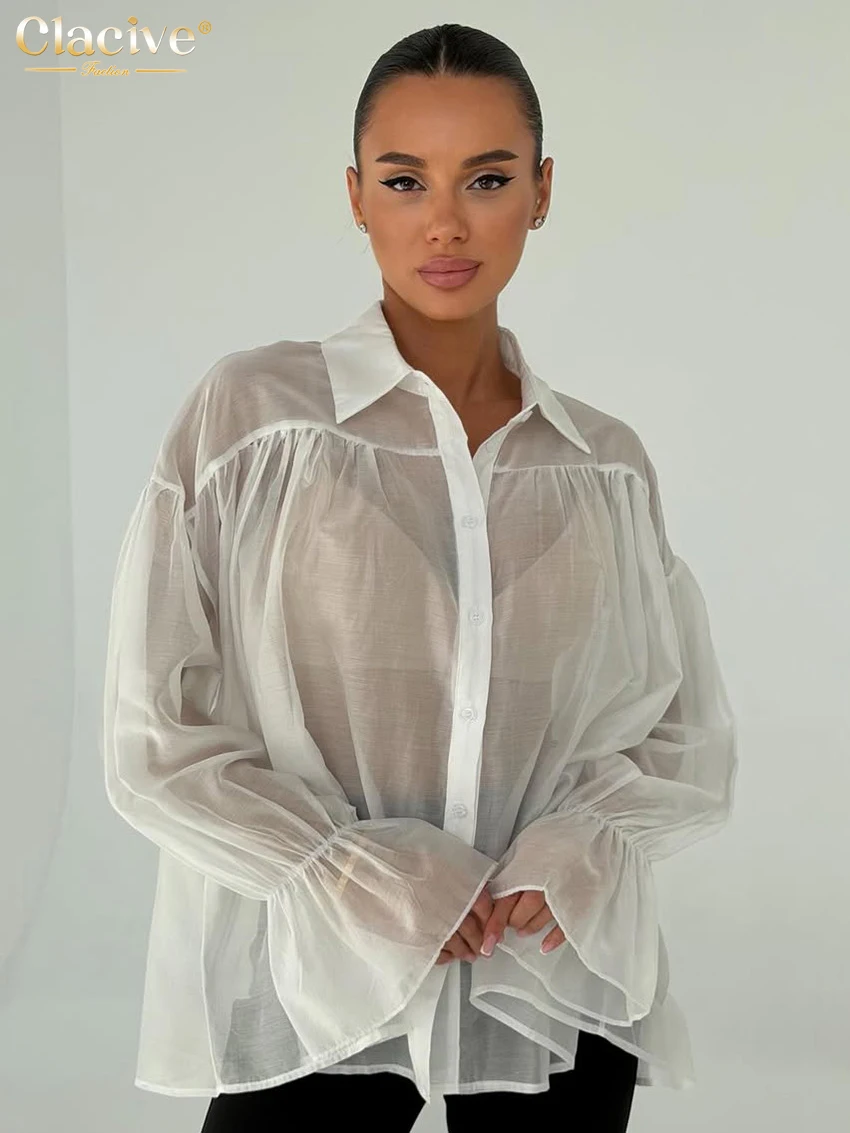 

Clacive Fashion Loose White Women Shirt 2026 Sexy Lapel Long Sleeve Lady Blouse Elegant Classic See Through Top Female Clothing