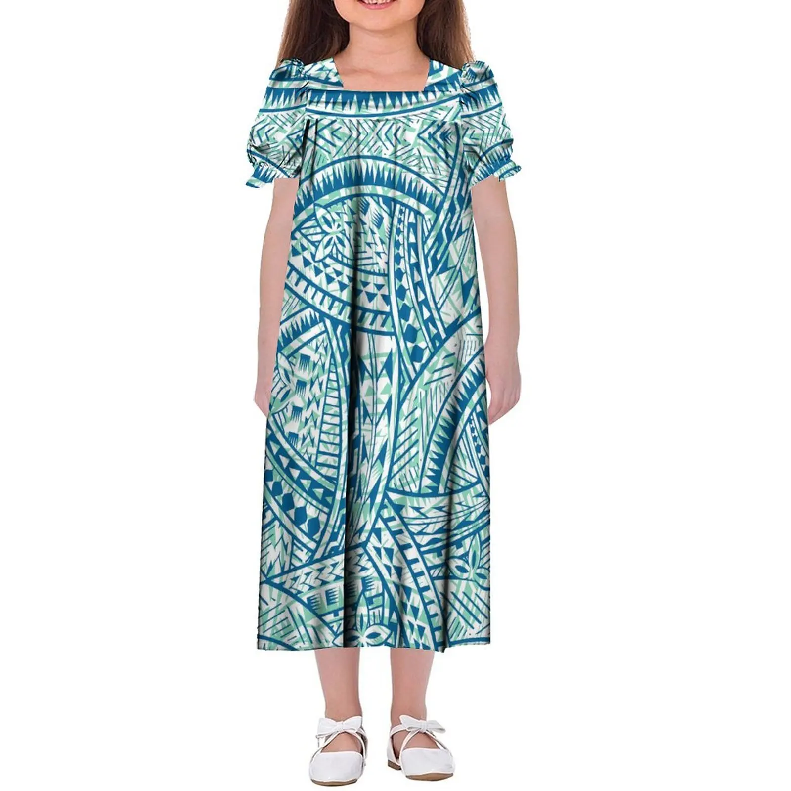 Pacific Island Clothing Custom Mumu Girls Dress Polynesian Hawaiian Samoa Club Children'S Puff-Sleeve Dress