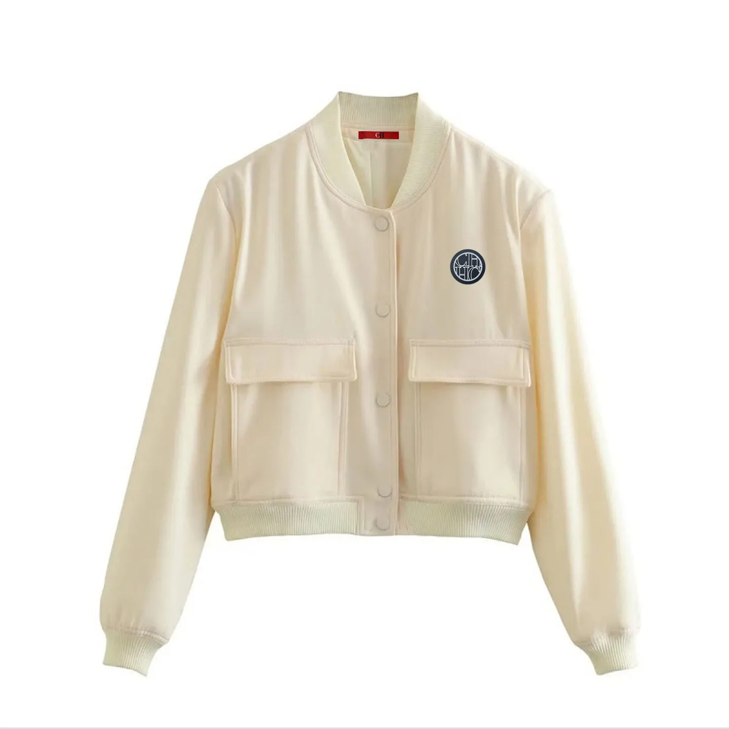 CH Damen Marineblaue Kurze Arbeitsjacke mit Knöpfen und Tasche, Lässiger Street-Style, Geeignet für Frühling und Herbst – Detail 4