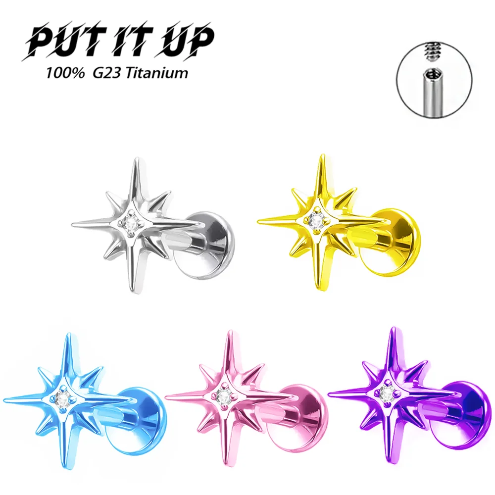 

PUTITUP F136 Titanium Alloy Classic Hexagram Zirconia Ear Studs Fashionable Star Ear Cartilage Lip Studs Body Piercing Jewelry