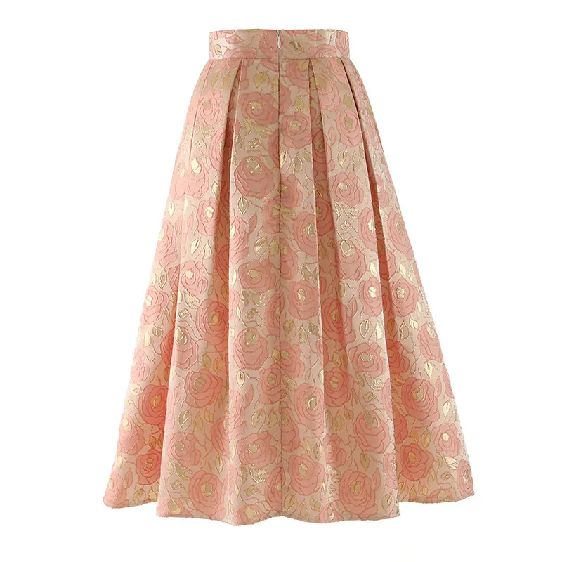 Romantic Pink Rose Embroidery Jacquard Mid-length A-line Skirt Women Spring Autumn Elegant High Waist Dinner Party Puff Skirts