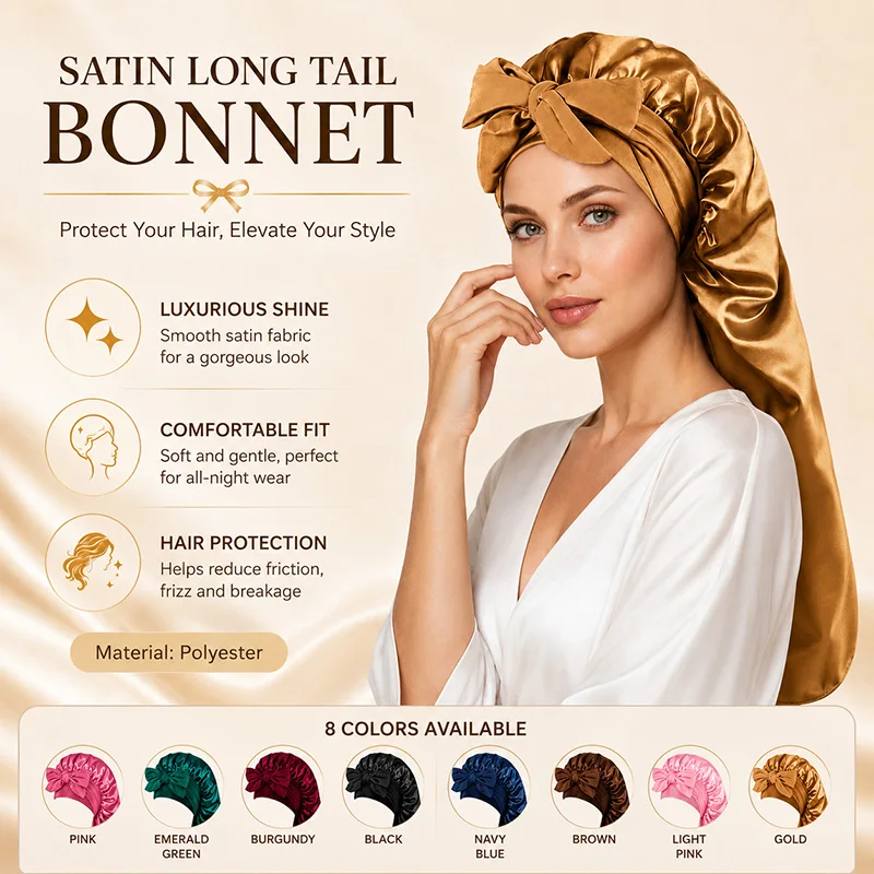 Bonnet de nuit en satin pour femme avec nœud, grande élasticité, protection des cheveux, idéal pour les cheveux bouclés ou tressés