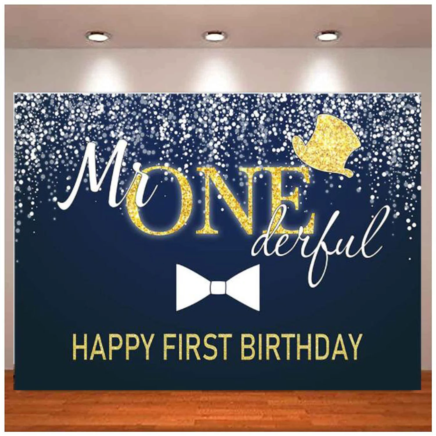 

Mr Onederful Photography Backdrop Boy 1st First Birthday Party Blue And Gold Decor Background Tie Little Man Cake Table Banner