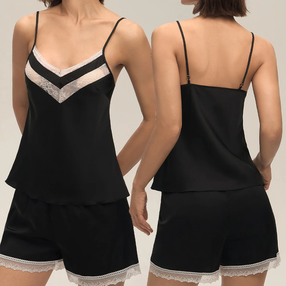 

Sexy Lace Patchwork Suspender Pajamas Set Summer New Women Chemise Sleepwear Pijamas Lingerie Strap Top&shorts Homewear Suit