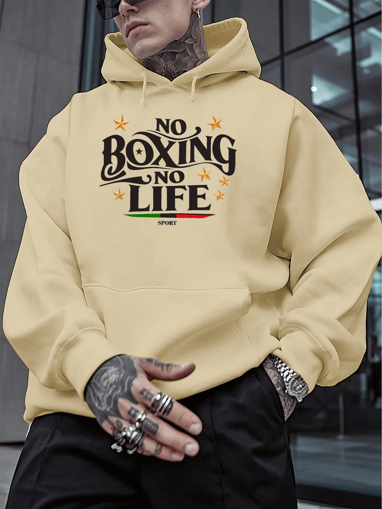 Herren-Hoodie „No Boxing No Life“ Grafik-Kapuzenpullover Vintage-Schriftzug-Stern-Print Italienische Flagge Farbiger Pullover Hoodie Boxen Sport Streetwear – Detail 2