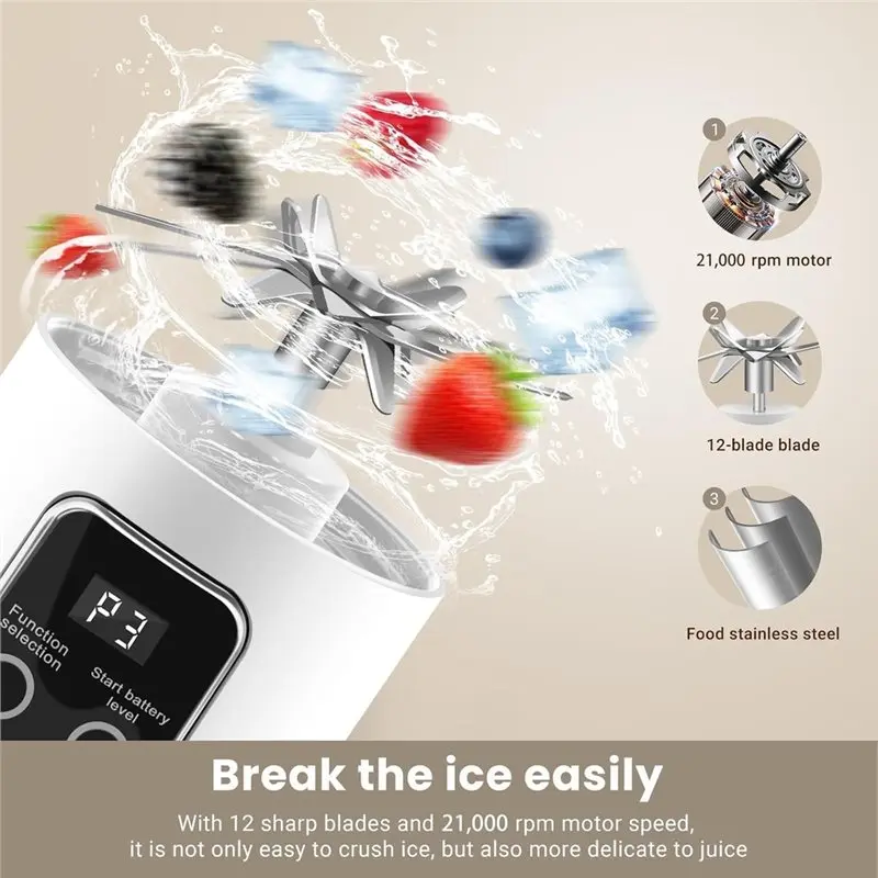 ABKR-Portable 500ML USB Rechargeable Blender 12-Blade For Smoothies, For Protein Juicer Cup Personal A