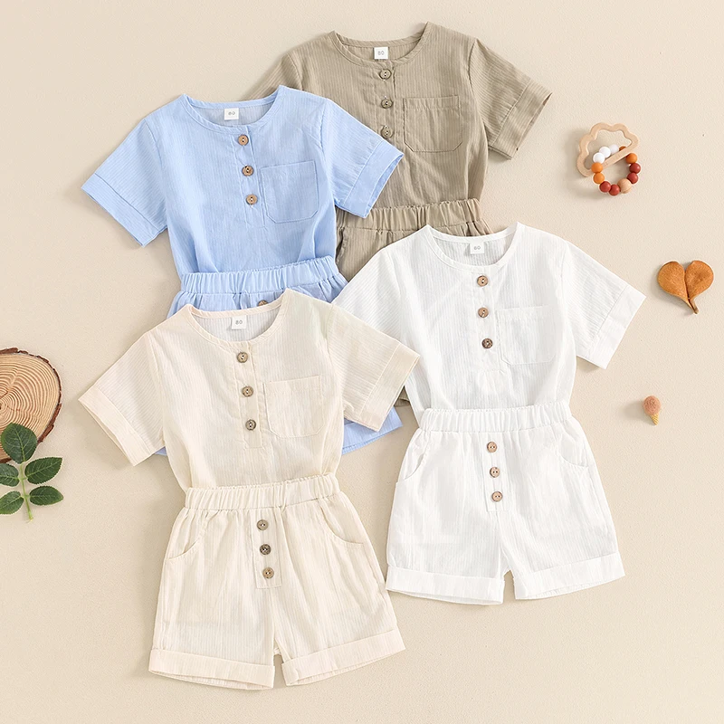 Vêtements d'été en coton et lin pour bébé garçon, ensemble t-shirt et short pour nouveau-né, boutons solides, poche à col rond, manches courtes