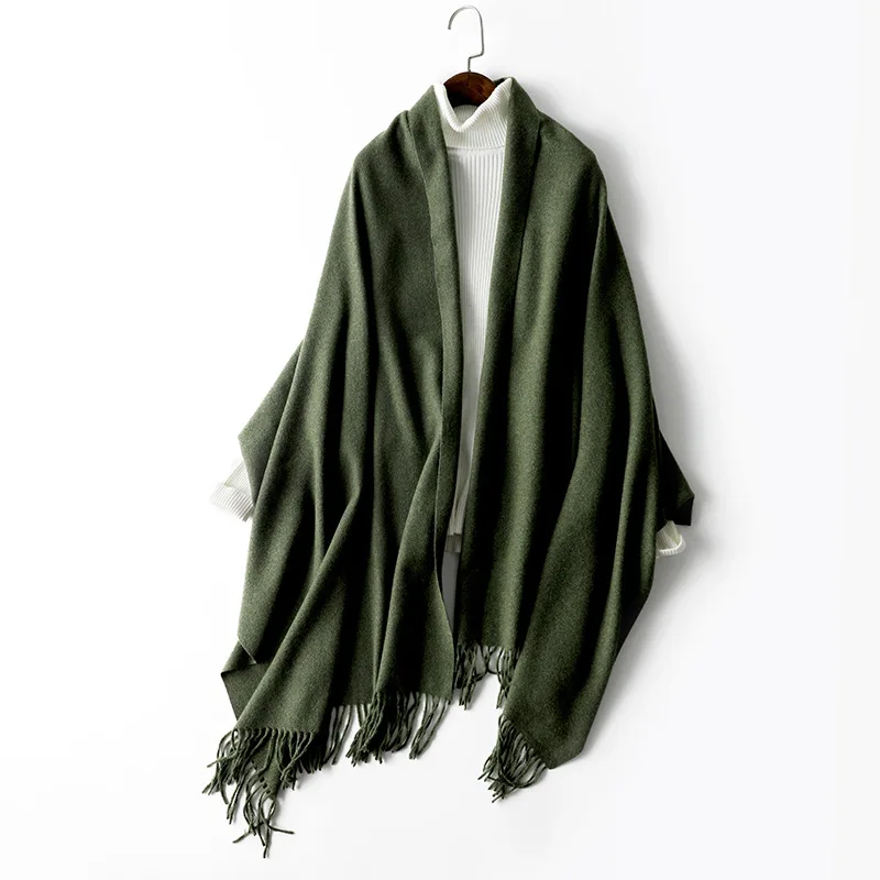 Lady Autumn Winter Solid Color Thicken Dual Purpose Scarf  Poncho 30% Australian Wool Warm Shawl Wrap Women Fashion Tassel Scarf