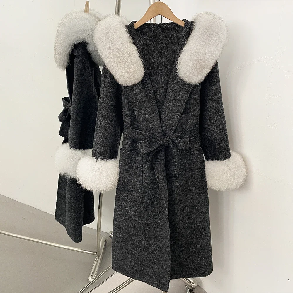 OFTBUY Wollmantel mit Echtfellkragen und Kapuze, Gürtel, 100% Wolle, Damen, Herbst/Winter, Luxus, Lange Kleidung mit Naturfell – Detail 4