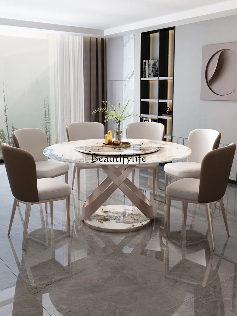

LD33Stone Plate Dining Tables and Chairs Set Light Luxury Modern Simple round Induction Cooker Table with Turntable