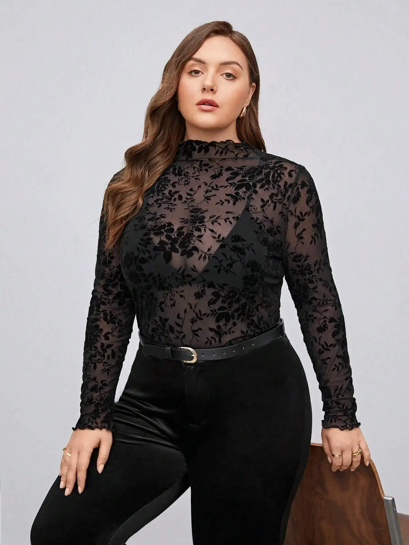 

Plus Size Black Floral Flocked Mesh Turtleneck Sheer Long Sleeve Top for Autumn, Elegant Women's Fashion