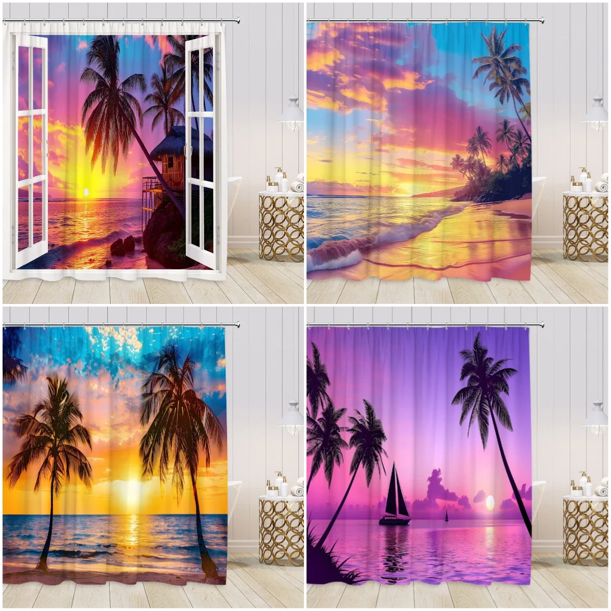 Beach Sunset Scenery Shower Curtain Set Seaside Landscape Coconut Trees Beautiful Purple Beach View Bath Curtain Set