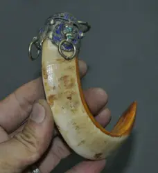 Old China Wild Boar Tooth Inlay Tibetan silver Lion Beast Ward off evil Pendan