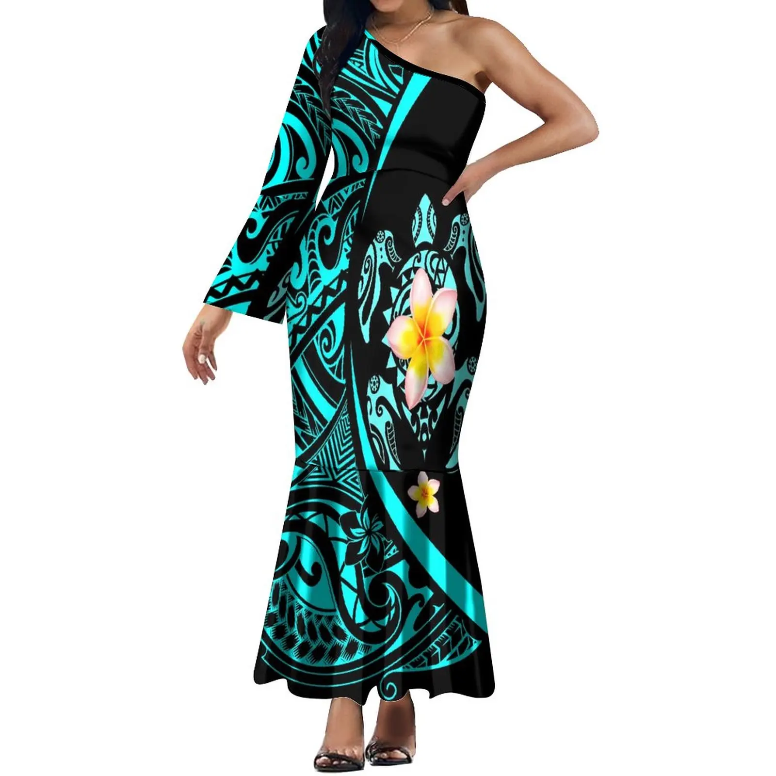 Summer One-Shoulder Long Sleeve Dress Polynesian Women's Dress Retro Design Sexy Fashion High Quality Evening Dress