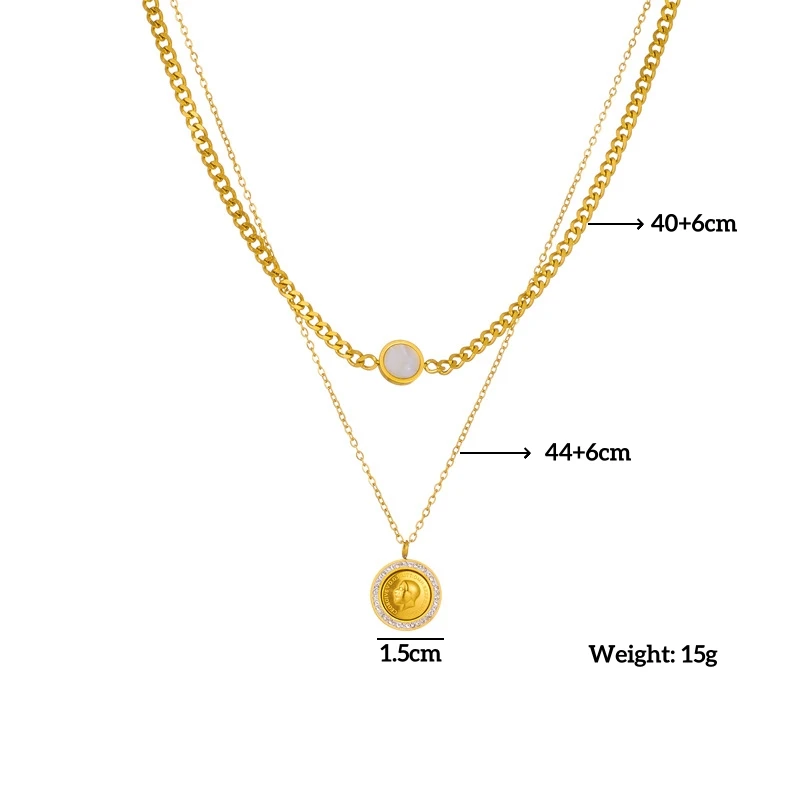 316L Stainless Steel New Fashion Fine Jewelry 2-Layer Seashells Zircon King Coin Charm Chain Choker Necklaces Pendants For Women
