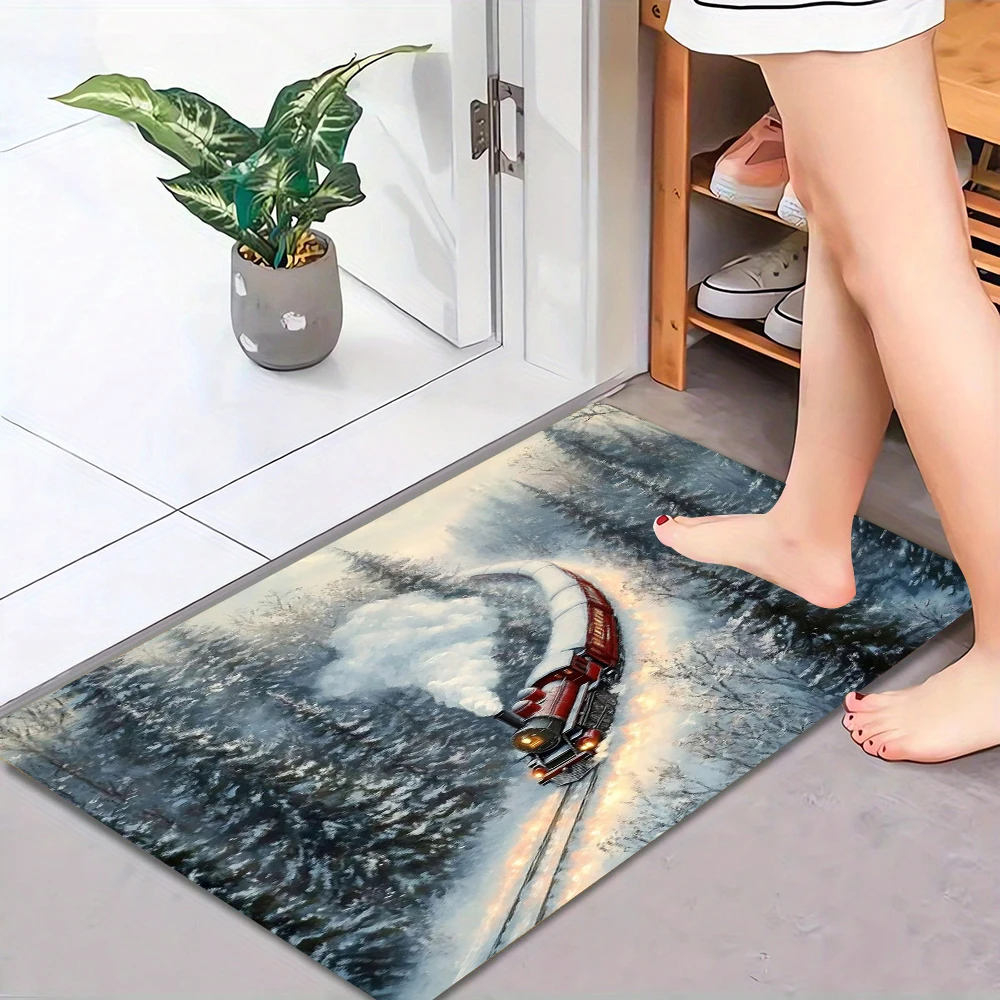 

Red Steam Train in Snowy Christmas Forest Bathroom Toilet Entrance Doormat Kitchen Balcony Hallway Rug8.19