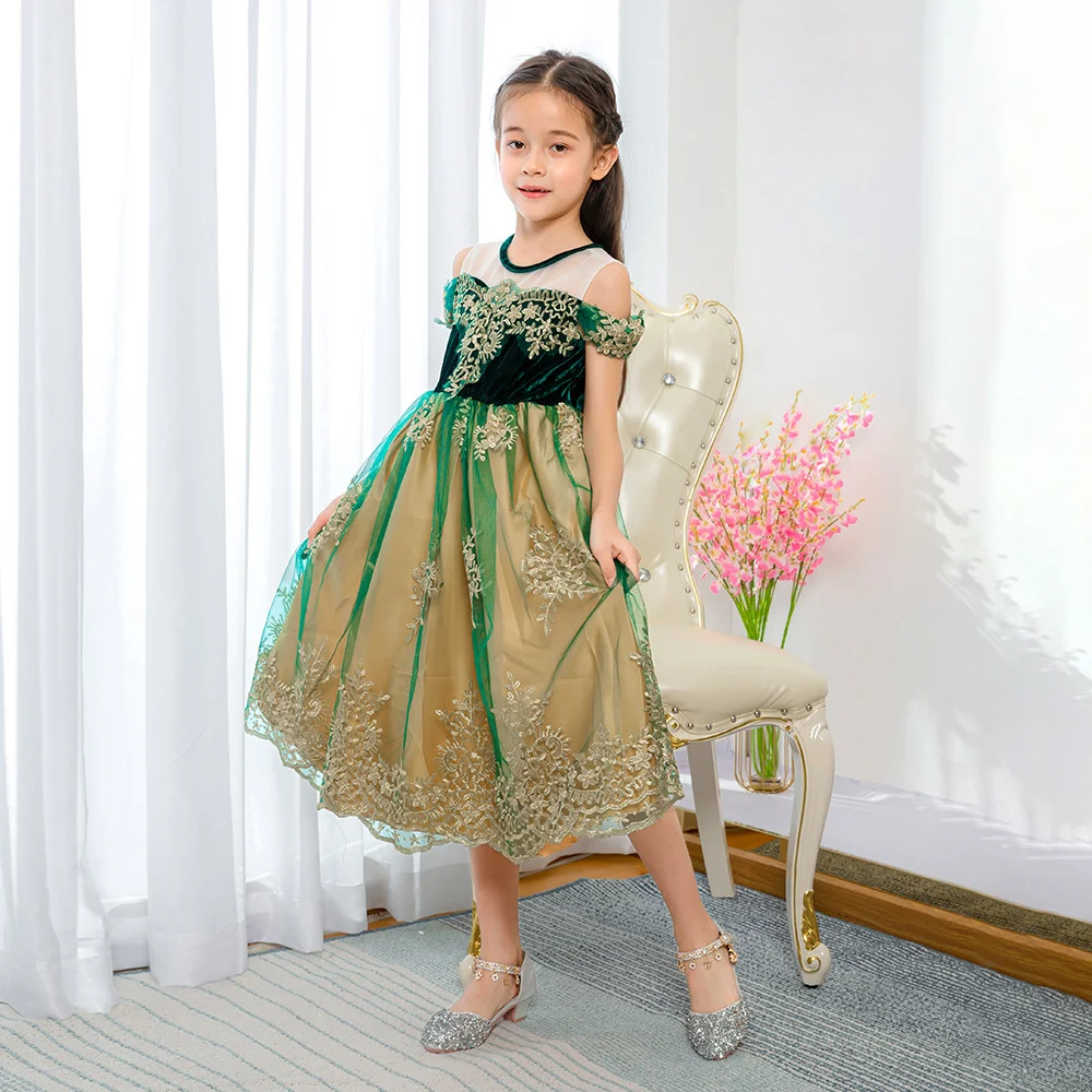 Snow Queen Girls Elsa Anna Dress Green Embroidered Boutique Princess Dress Halloween Anna Costume Child Elegant Evening Dresses