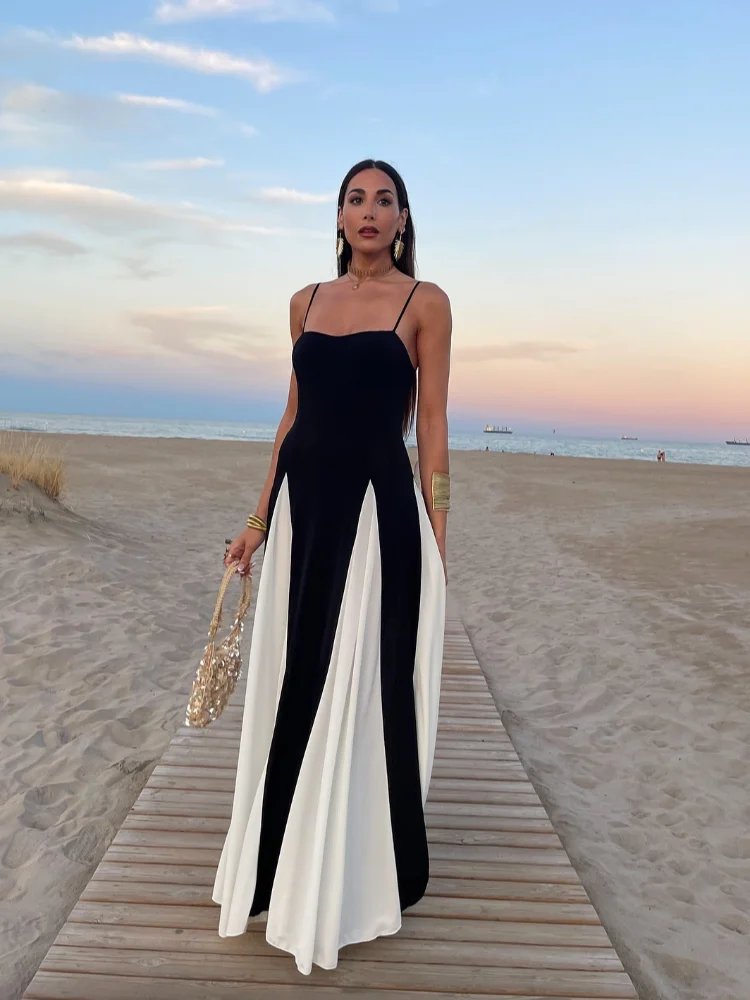 Women Elegant Contrasting Sling Long Dress Fashion Sleeveless Backless High Waist A-line Maxi Dresses Chic Lady Party Robes