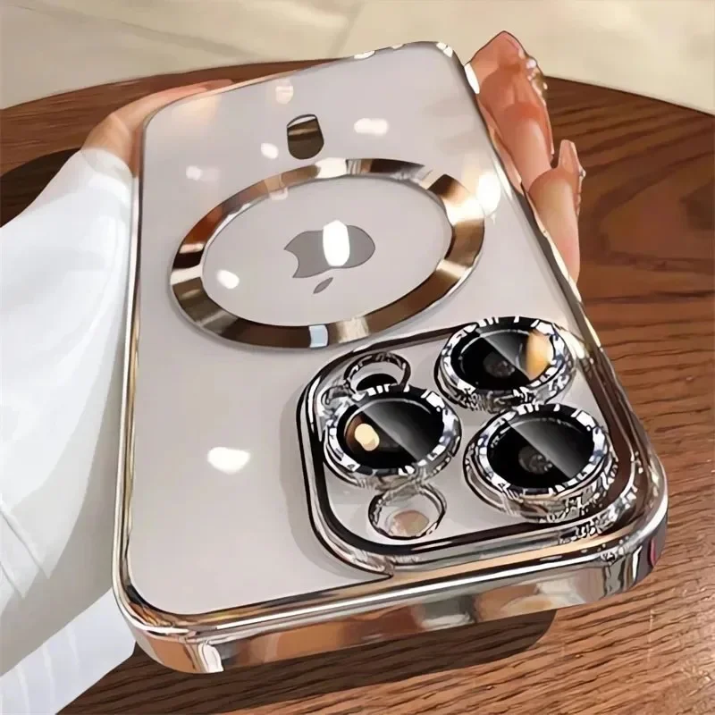 Funda de lujo con baño metálico para Magsafe magnético para iPhone 18 17 16 15 14 13 12 Pro Max Plus, carga inalámbrica con protector de lente