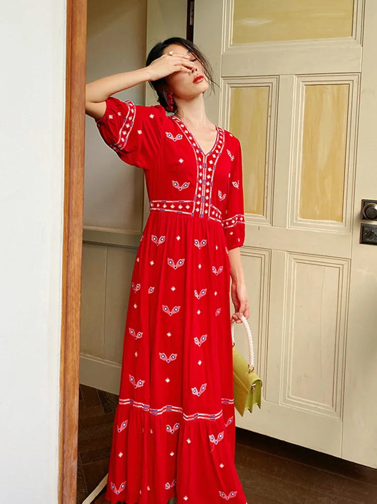 Khalee Yose-Robe Maxi Brodée en Coton pour Femme, Élégante, Boho, Col en V, Rouge, Vacances, Décontracté, Ethnique, Dames, Éducatif, Nouveau, Été