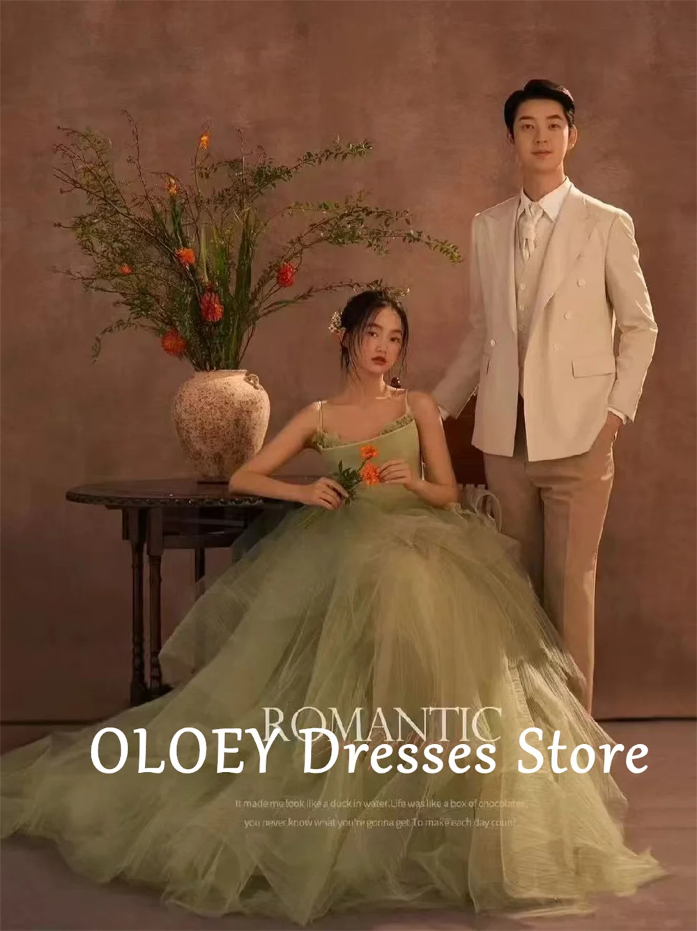 OLOEY Mint Green Wedding Dresses Spaghetti Straps A-line Bridal Gown Tulle Korea Photo Shoot Wedding Ball Gown Custom Made