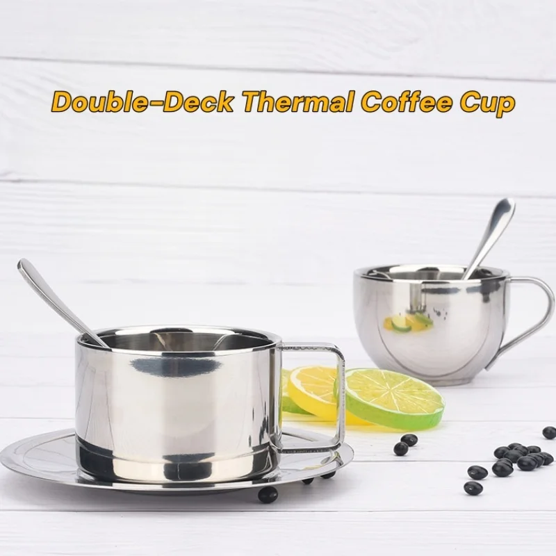 1 Stück Doppelwandige Thermoisolierte Kaffeetassen-Set Edelstahl Metall Milchbecher mit Untertasse Matte Löffel Teetassen für Büronutzung