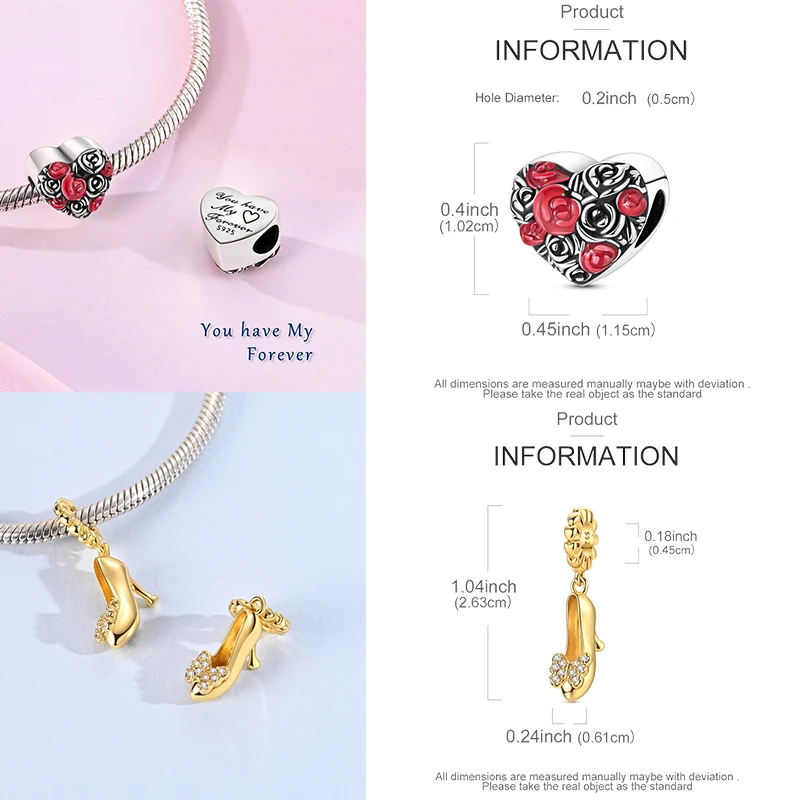 925 Sterling Silber Liebesherz Paar Familie Rose Motorrad Charm-Perlen DIY Armband Halskette Jubiläumsgeschenk für Frauen – Detail 5