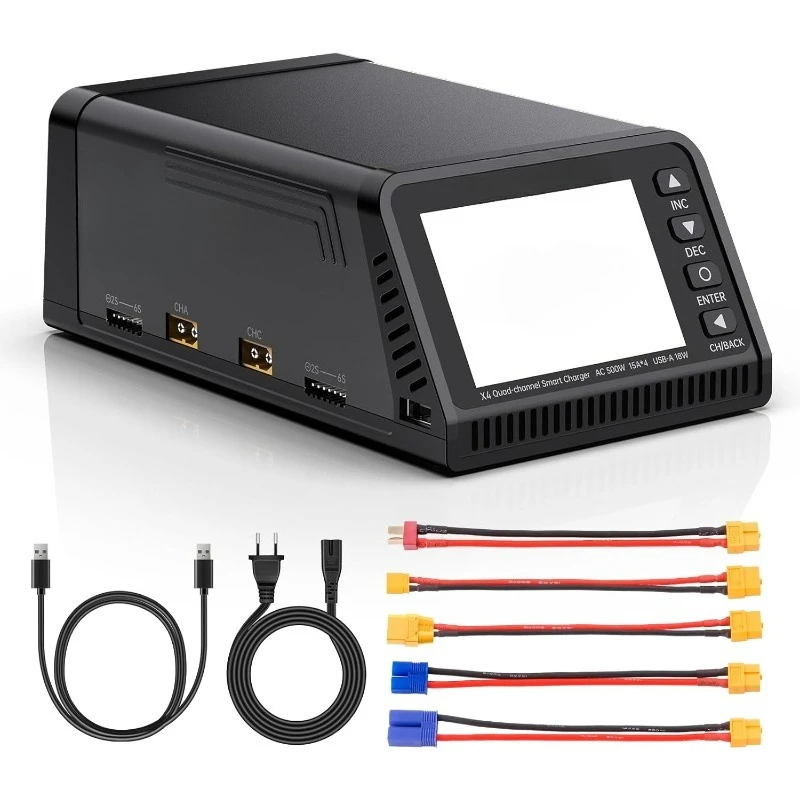 شاحن ميزان X4 LiPo AC 500W 4-قناة تخصيص الطاقة التلقائي، 15 أمبير لكل قناة، يدعم LiPo/Li-Ion/LiHV/Life 1-6S، Ni