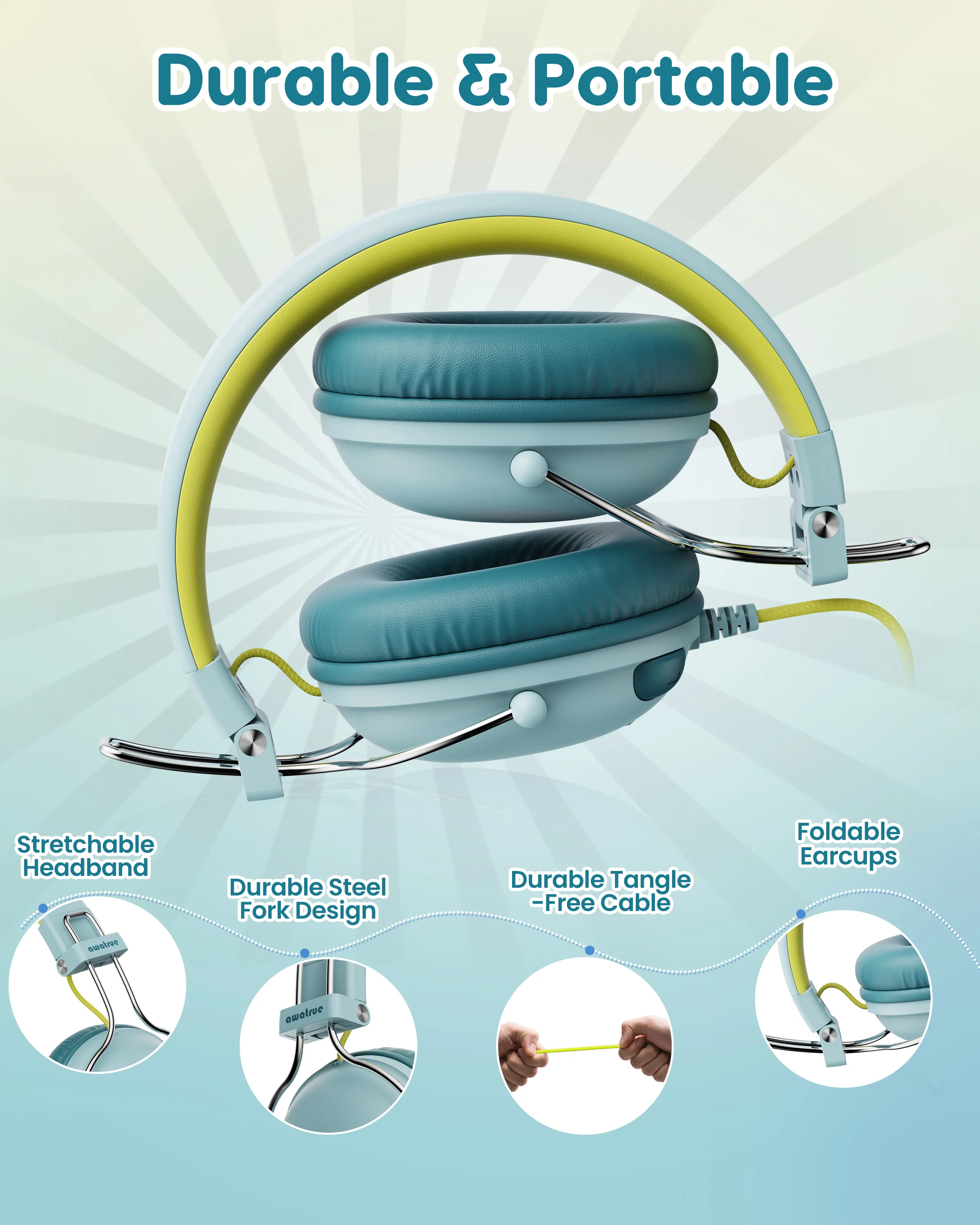 AWATRUE سماعات أطفال للمدرسة آمنة حجم الحد صوت ستيريو سلكي على الأذن سماعة للأطفال بنين بنات هدايا 3.5 مللي متر جاك HK05