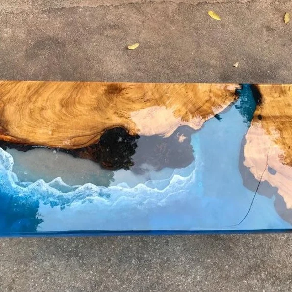 Antique Epoxy Resin Wooden Blue River Coffee Table