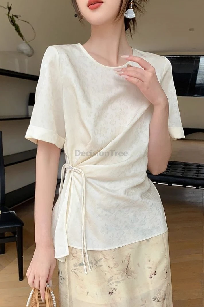 

2025 модный дизайн, китайский костюм Тан, топы, блузка с короткими рукавами и короткими рукавами, жаккардовая простая популярная женская блузка