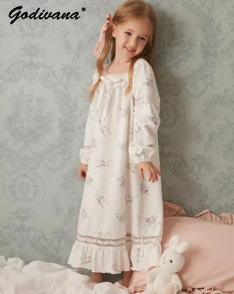Little Girls French Style Princess Nightgown Kids Spring and Autumn Pure Cotton Long-sleeve Floral Embroidery Loose Sleepwear