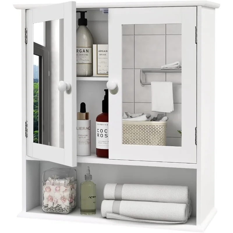 

Medicine Cabinet, Medicine Cabinets for Bathroom with Mirror 2 Doors 3 Open Shelf, Bathroom Cabinet Wall Mounted Wooden